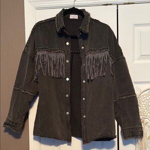 Pink Lily Black Studded Fringe Jean Jacket